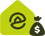 Graphic icon of a house outline and moneybag denoting Evolve total revenue per property, a key component of fall vacation rental industry trends